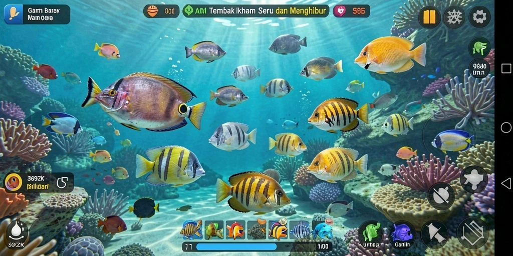 Screenshot 369ZK menampilkan aksi seru menembak ikan.