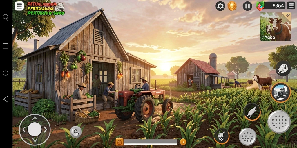 Tangkapan layar utama menunjukkan gameplay seru pertanian di 8364.