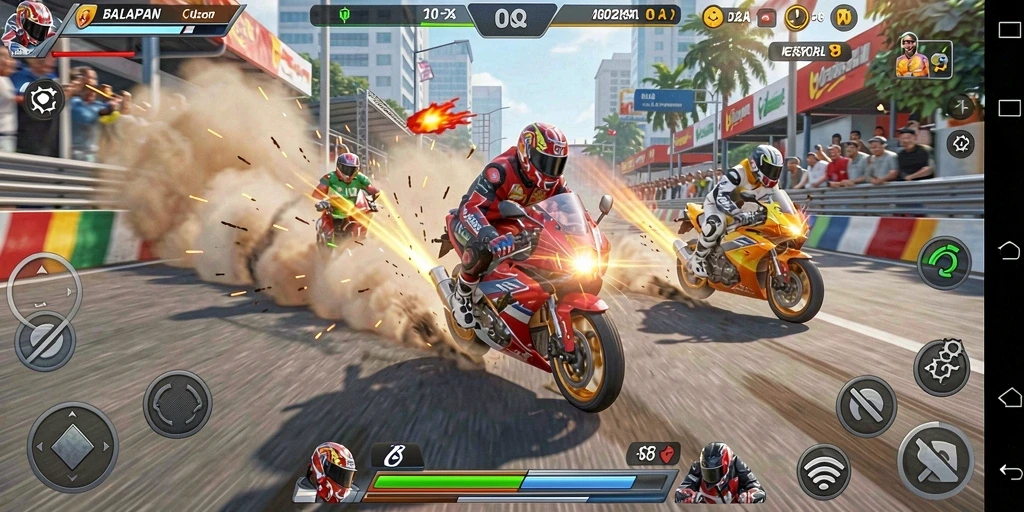 Screenshot DKK menampilkan aksi balapan motor yang mendebarkan.