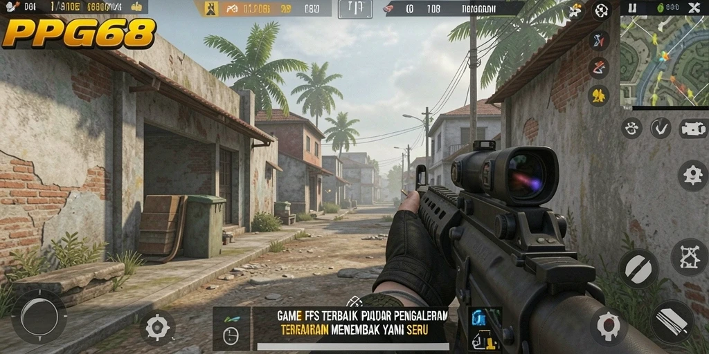 Gameplay dinamis PGG68 dengan pertempuran FPS yang intens.