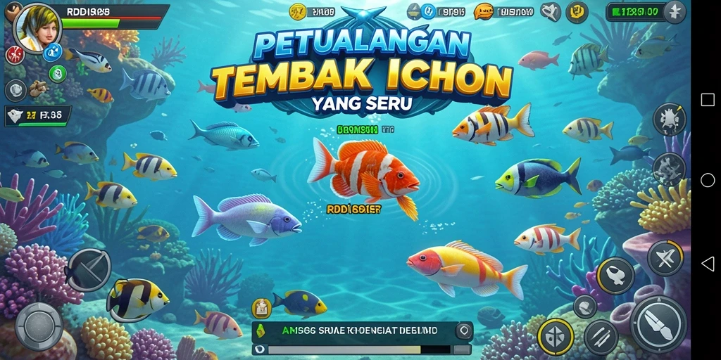 Screenshot menampilkan gameplay seru RDI88 dengan aksi menembak ikan.