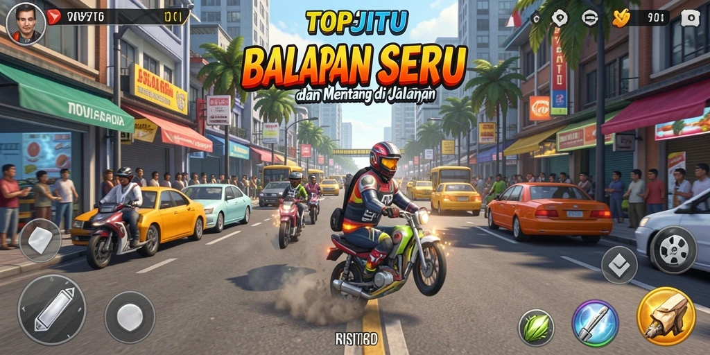 Screenshot gameplay TOPJITU menampilkan adu balap yang seru di trek yang berwarna-warni.